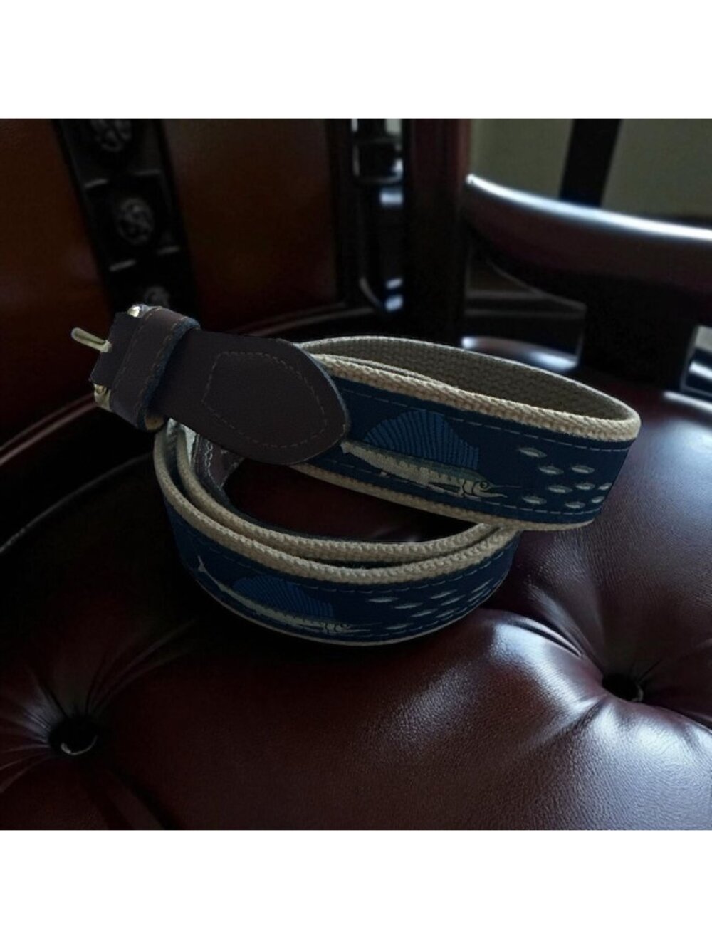 BRASS BUCKLE Men's Embroidered Swordfish Belt Size 36